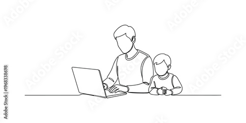 Home Work-Life. Minimalistic one-line drawing person managing computer work and child care, continuous single black line on white background, simple outline