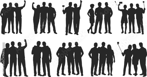 Group of people silhouettes taking selfies, friends posing together vector illustration of social media moments isolated minimal design collection
