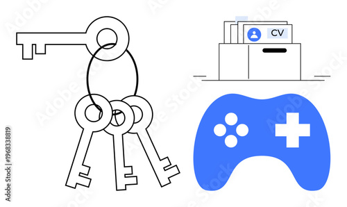Access control concept. Access control illustrated with physical keys, a gaming controller, and a CV folder. Access control s data management, gaming, and career applications. For technology, hiring