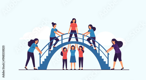 Diverse group of women collaborating to build a bridge.