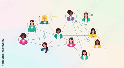 Diverse group of women connected in a network.