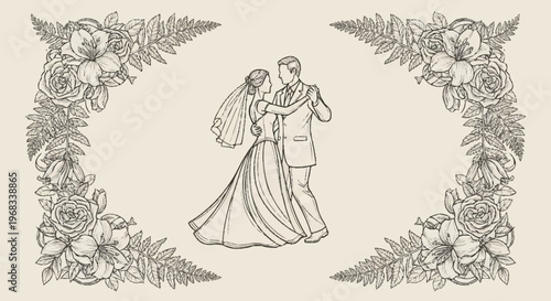 A romantic wedding couple dances surrounded by elegant floral illustrations