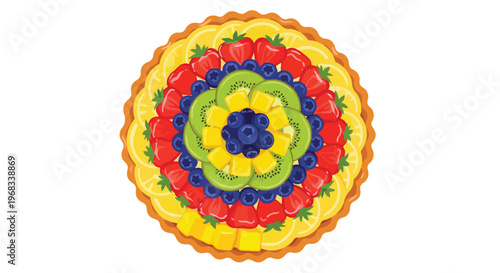 Vibrant circular mandala made of small colorful flowers on a white background with intricate patterns.