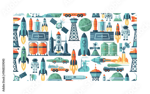 space launch patterns seamless pattern, repeating pattern, surface design, textile print, modern illustration of rockets, launch pads, astronauts, satellites,