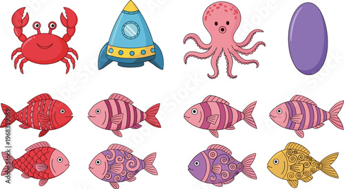 Cartoon sea animals fish crab octopus rocket colorful marine collection vector illustration kids style underwater characters isolated design set