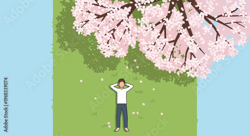 Man Relaxing Underneath Cherry Blossom Tree.