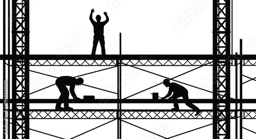 Black silhouette of construction workers on scaffolding building a skyscraper with manual labor and industrial development for architectural and engineering project concepts.