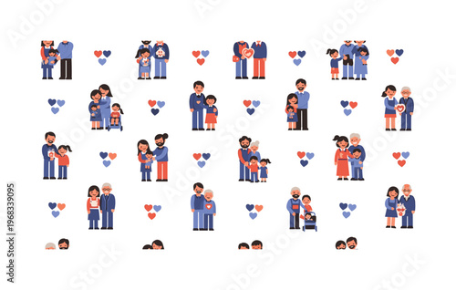 home help icons seamless pattern, repeating pattern, surface design, textile print, modern illustration of parents, children, grandparents helping, sharing