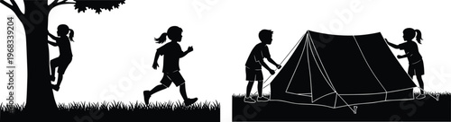 Set of children outdoor activity silhouettes featuring kids climbing a tree, running in the park, and setting up a camping tent for summer camp concepts.