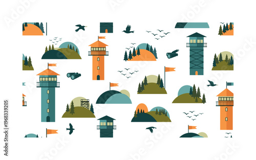 tower view motifs seamless pattern, repeating pattern, surface design, textile print, modern illustration of watchtowers, hills, forests, observation decks,