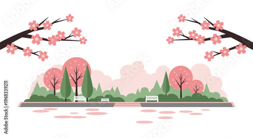 Serene Park Scene with Blooming Cherry Trees and Greenery.