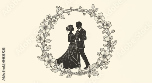 Silhouette of a romantic couple dancing within a floral wreath frame.