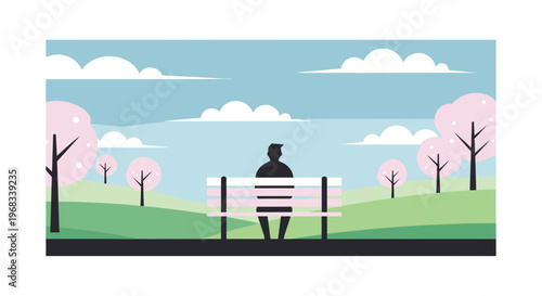 Silhouette of a person sitting alone on a park bench.