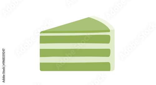 A slice of layered green cake on a white background with a simple and clean composition.