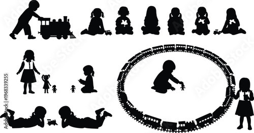 Set of children playing silhouettes featuring kids with toy trains, dolls, and railroad tracks for early childhood education, nursery decor, and parenting design concepts.