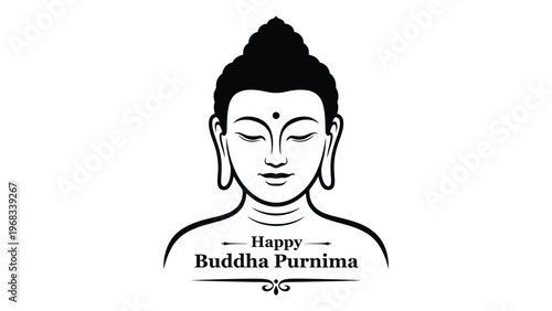 Happy buddha purnima line art illustration with serene buddha face symbolizing peace mindfulness spirituality and enlightenment for religious festival design