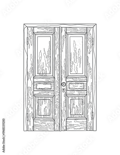 Faded Wooden Panel. Minimalistic one-line drawing door with peeling paint and wood grain texture, continuous single black line on white background, simple