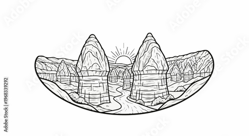 Stylized line art depicts a canyon landscape with hoodoos under a sun
