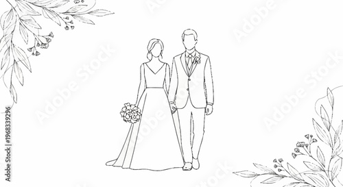 Bride and groom stand together in elegant formal attire outdoors with flowers