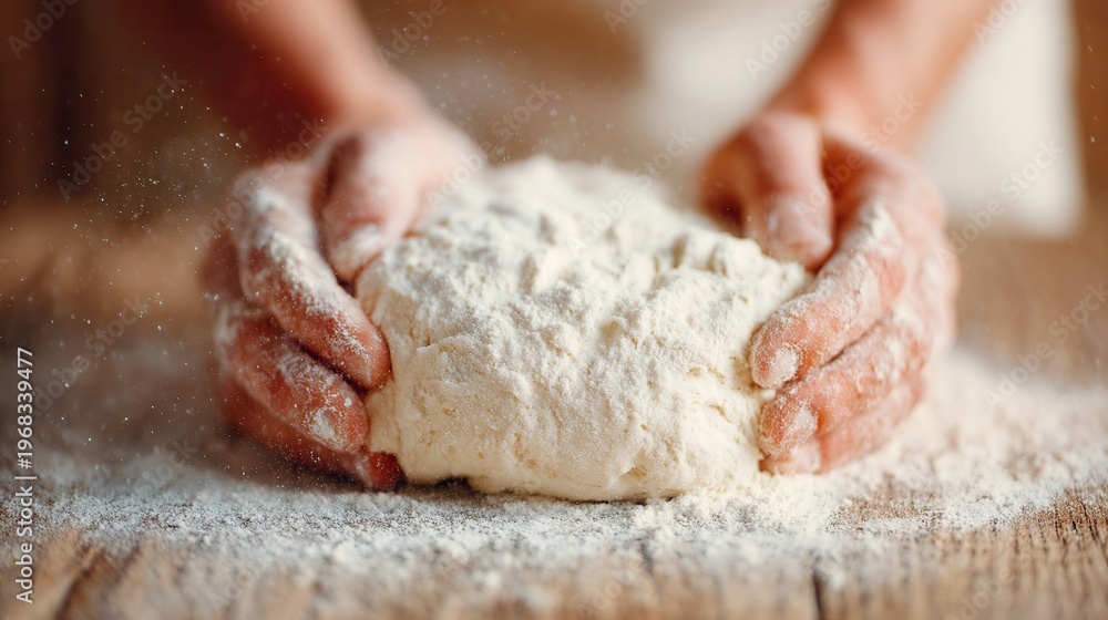 Fototapeta premium Hands kneading dough on a rustic wooden surface, flour particles dancing in the air, highlighting the artisan craft of baking and the inviting texture of the dough