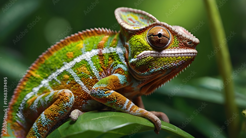 Fototapeta premium chameleon on leaf color blending with environment sharp focus on eyes
