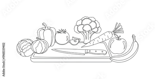 Fresh Ingredients. Minimalistic one-line drawing chopping board with vegetables and fruits ready for meal preparation, continuous single black line on white