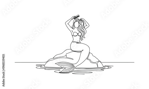 Mermaid Tranquility. Minimalistic one-line drawing mermaid combing hair on rock with calm sea around, continuous single black line on white background, simple