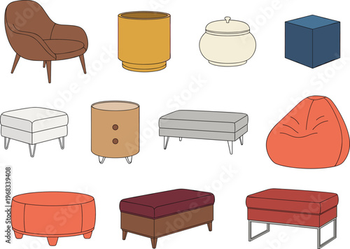 Set of modern furniture icons including armchair, ottomans, footstools, bean bag, and storage benches for interior design, living room decor, and home styling.