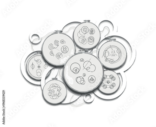 custom hoop art circular shapes thin lines and abstract circle icons realistic monochrome embroidery hoops with personalized stitched artwork being worked on