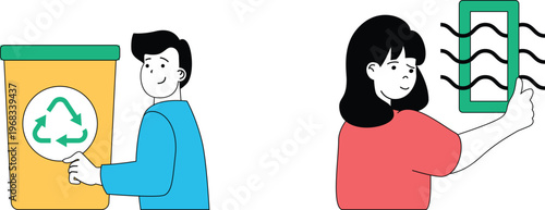 A person handing over old electronics to another who shows low battery signs on a smartphone