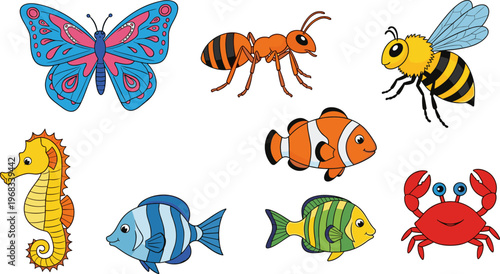 Cute cartoon animals and insects collection butterfly ant bee fish crab seahorse vector illustration colorful kids style isolated design set