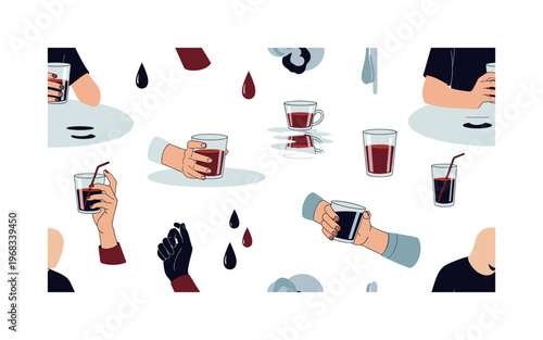 pensive motifs seamless pattern, repeating pattern, surface design, textile print, modern illustration of hands holding half-empty glasses, people observing,