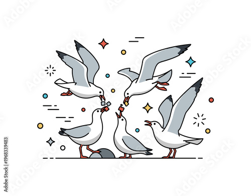 Seagulls feeding frenzy scene where multiple birds swoop and jostle for food while small sparkle and line icons emphasize energy, action, and coastal activity.