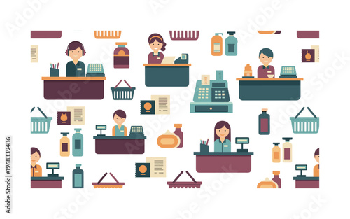 checkout icons seamless pattern, repeating pattern, surface design, textile print, modern illustration of service workers, counters, cash registers, products,