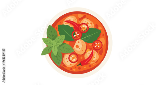 Flavorful Illustration of Spicy Thai Red Curry with Fresh Basil and Chili Garnish