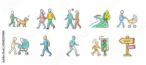 People walking icons: dog walking, couples, strollers, and traffic signals.