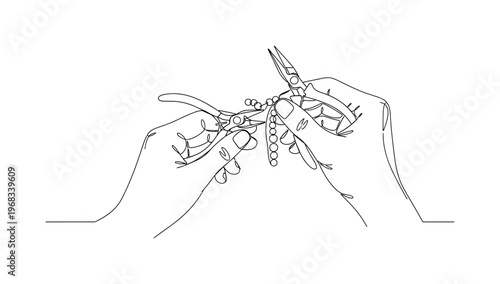 Artisan Jewelry. Minimalistic one-line drawing hands crafting handmade jewelry with tools and beads, continuous single black line on white background, simple