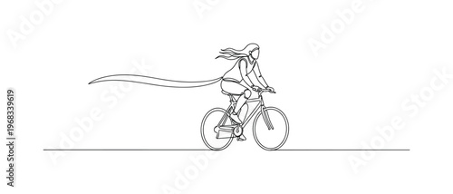 Outdoor Cycling. Minimalistic one-line drawing individual riding bike in open nature with wind motion, continuous single black line on white background, simple