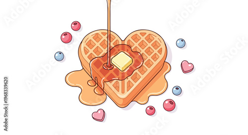 Illustration of heart-shaped waffles with butter and syrup on a white background with colorful hearts.