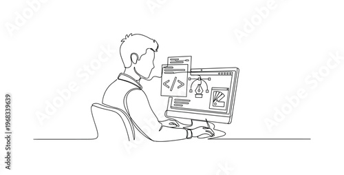 Online Learning Skills. Minimalistic one-line drawing individual at computer practicing coding and digital design, continuous single black line on white