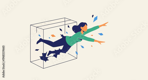 Woman Breaking Free From Confinement into Freedom.