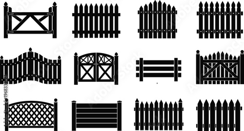 Set of wooden fence and garden gate silhouette icons featuring various timber designs, picket styles, farm gates, and rural backyard property boundary elements.