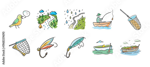 Фотография Bird singing, rainy landscape, fisherman in boat, and fishing gear icons