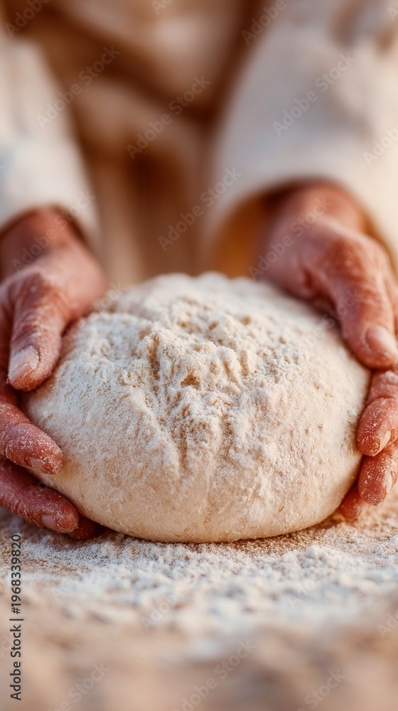 Fototapeta premium Rustic Artisan Bread Craft, intimate capture of skilled hands shaping textured dough, showcasing the artistry and tradition of baking with a focus on tactile details