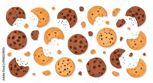 Flat lay of assorted chocolate chip cookies and broken cookie pieces on a white background.