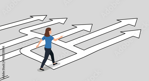 Woman standing at a crossroads of many arrows pointing in different directions.