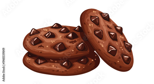 Illustration of three chocolate chip cookies stacked on top of each other on a plain white background with a flat design style.