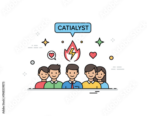 Catalyst motivation concept where one action ignites enthusiasm in others while small sparkle and heart icons emphasize inspiration, influence, and