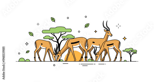 Impalas grazing in golden light scene where the herd feeds during sunrise while tiny sparkle and leaf icons highlight peaceful behavior, natural beauty, and