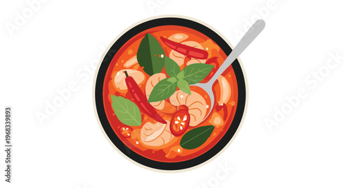 Vibrant illustration of a steaming bowl of spicy shrimp soup with fresh herbs and chili peppers, garnished and ready to be enjoyed